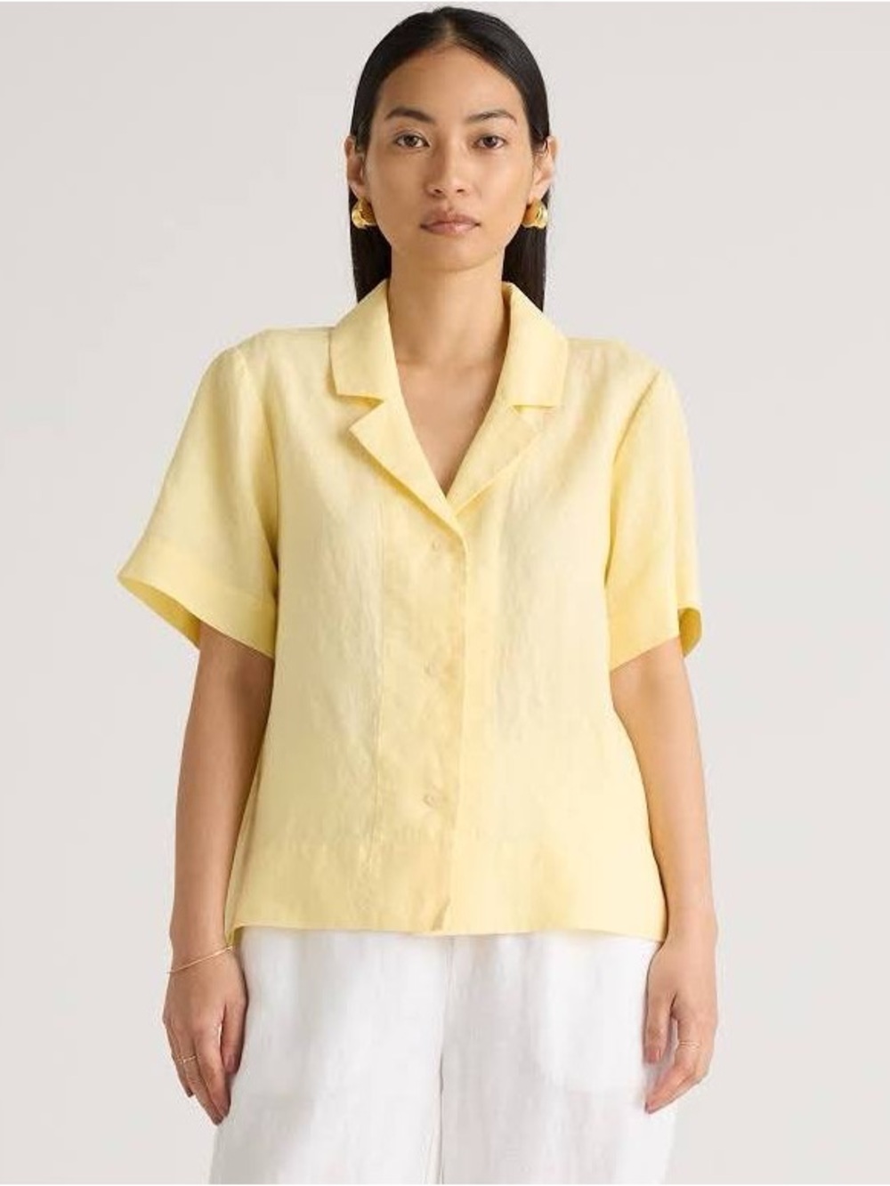 Quince 100% European Linen Short Sleeve Button Down Shirt Yellow Women Size S